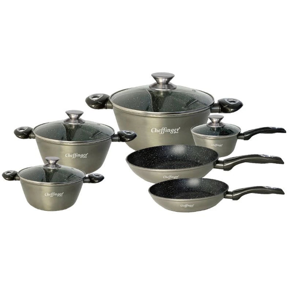 Cheffinger CF-FA1010: 10 Pieces Marble Coated Cookware Set Gray