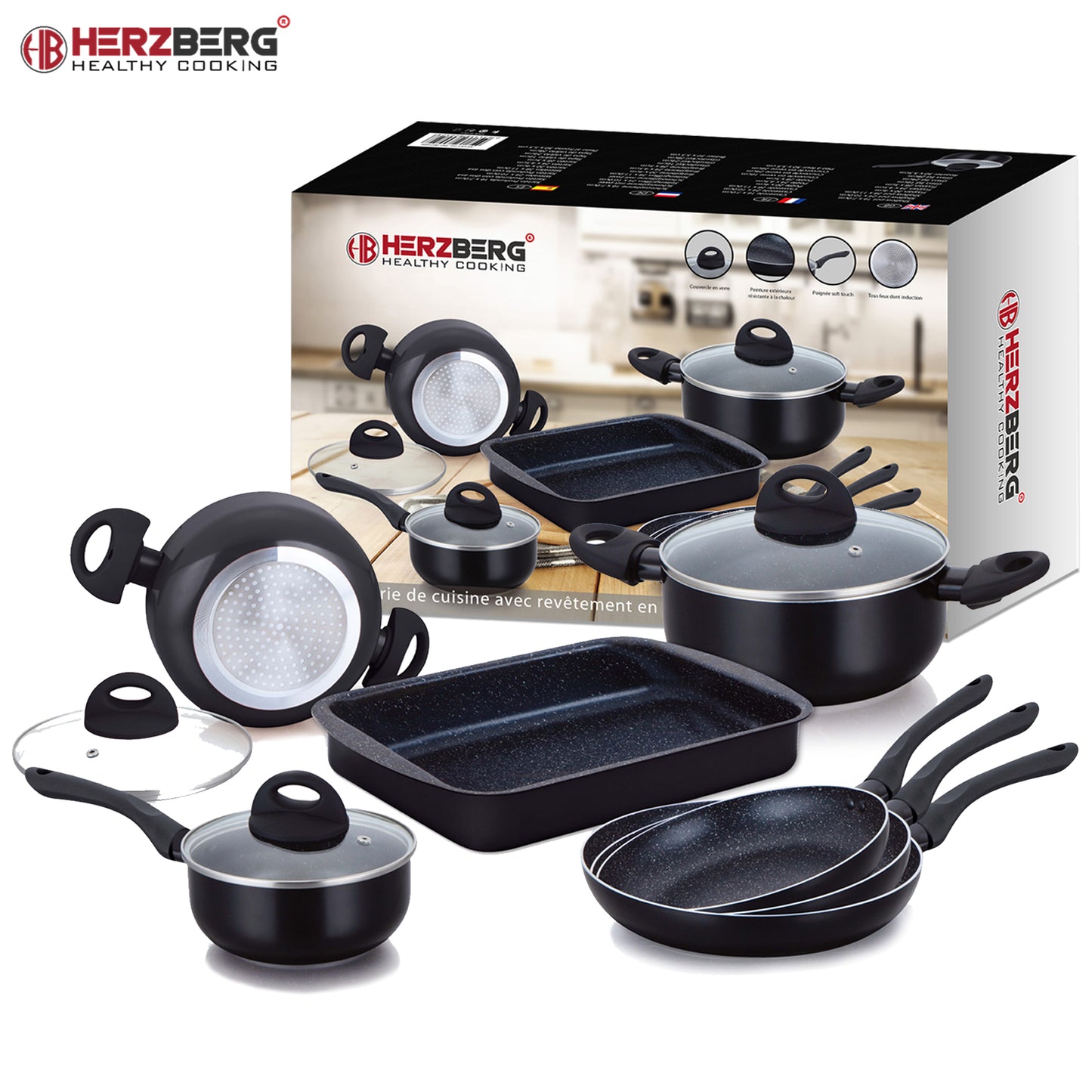 Herzberg 10 Pieces Marble Coated Cookware Set - Black