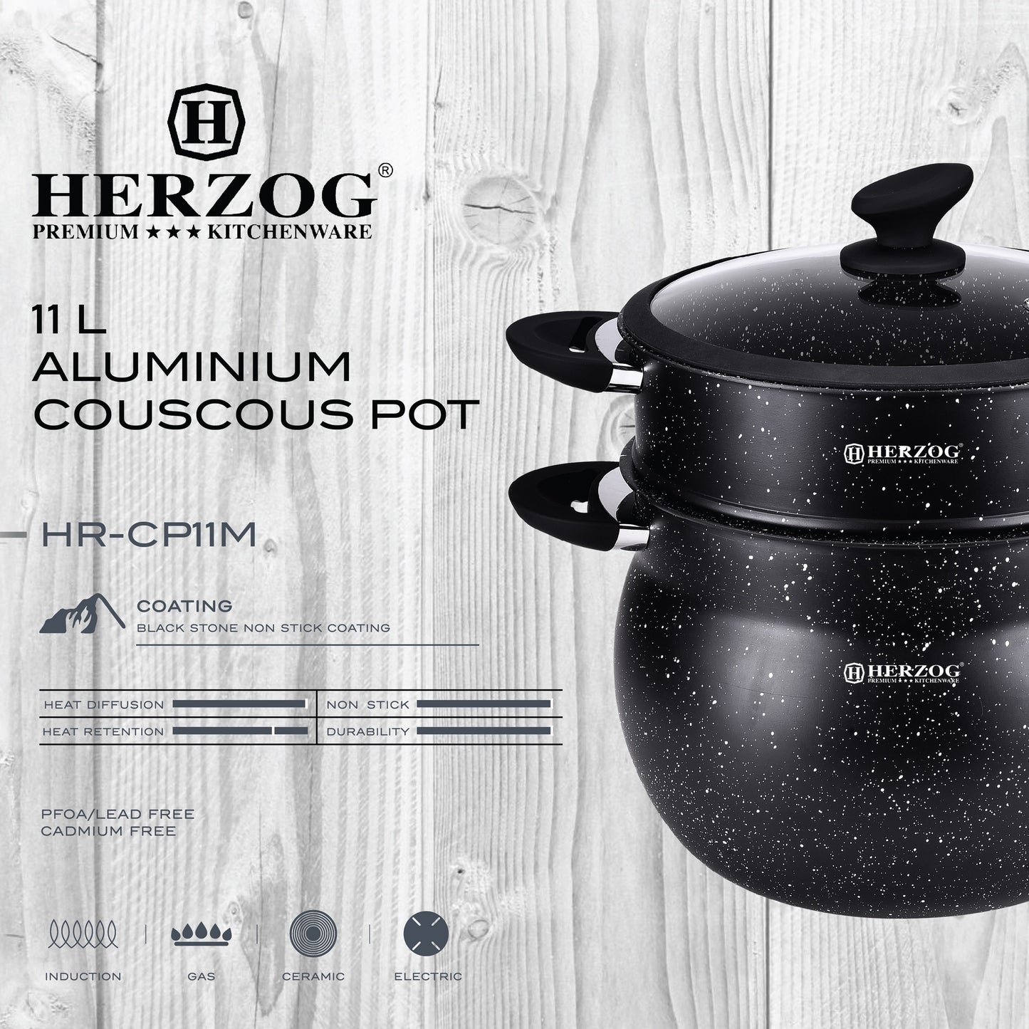 Herzog 11L Aluminium Stone Coating Couscous Pot  Capacity: 11L