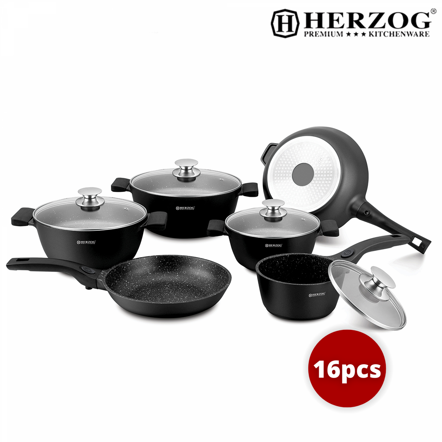 Herzog 16 Pieces Die-Casting Cookware Set Black