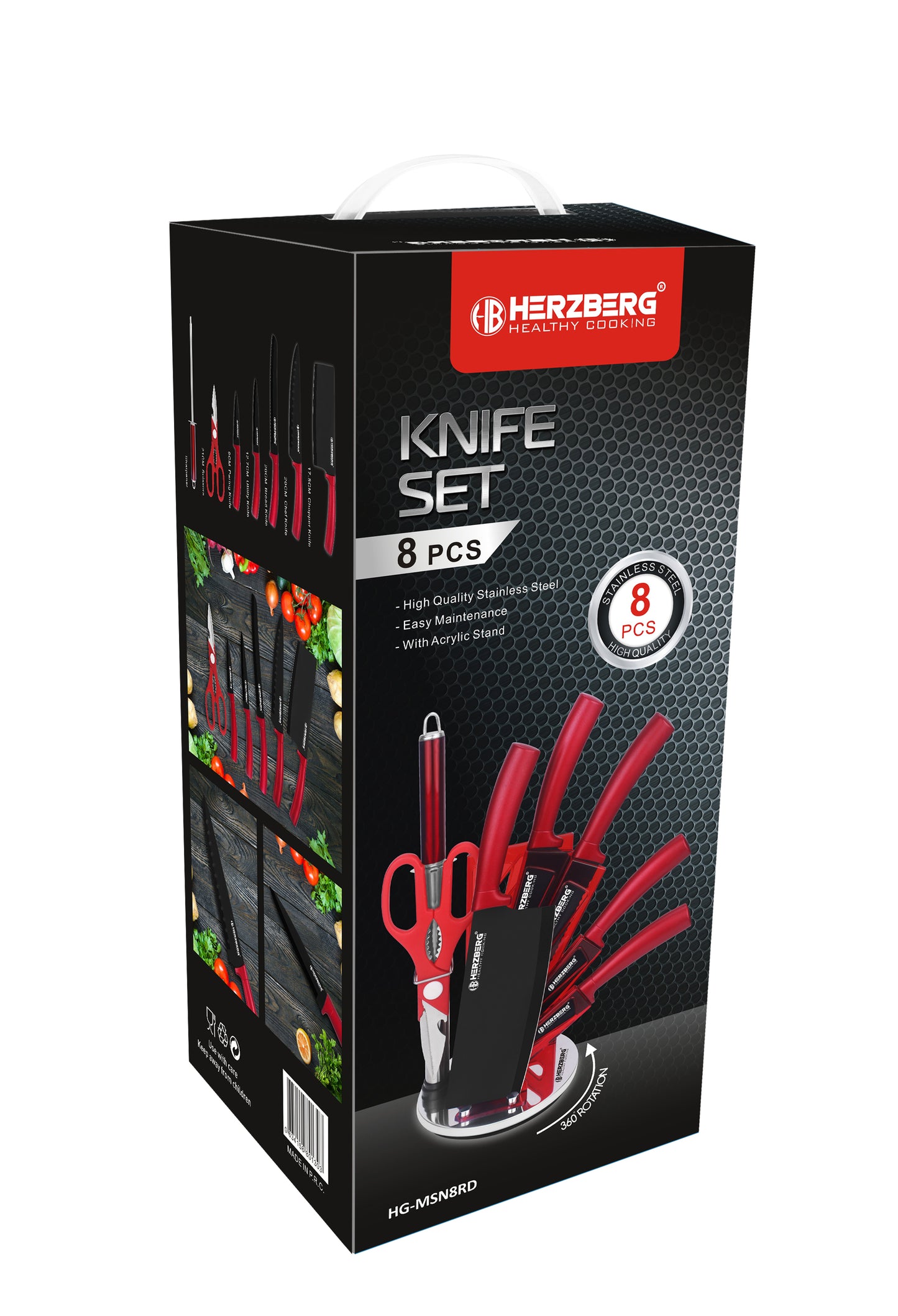 Herzberg 8 delar knivset med akrylställ - Röd