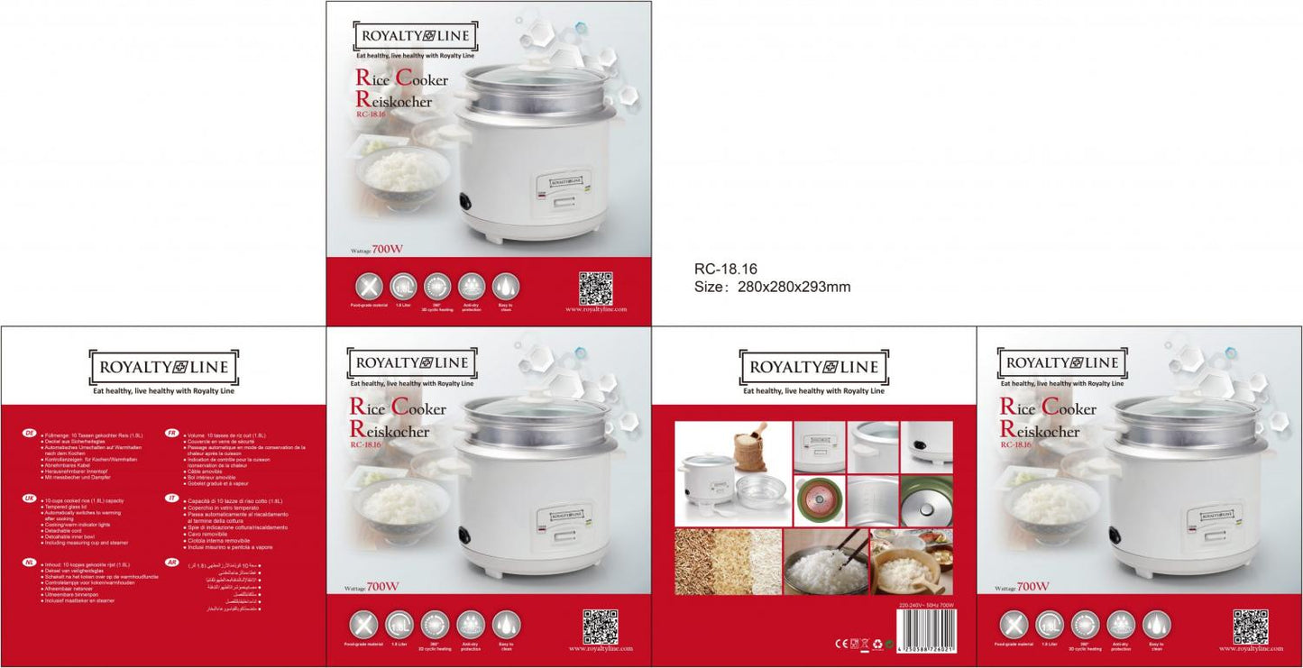 Royalty Line RL-RC18.10D: Rice Cooker with Steamer - 1.8L